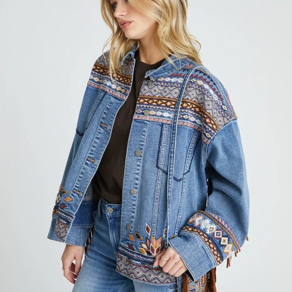 NWT Driftwood Denim Aztec Fringe Trim Jean Jacket Western Embroidered Rowan - Picture 1 of 10